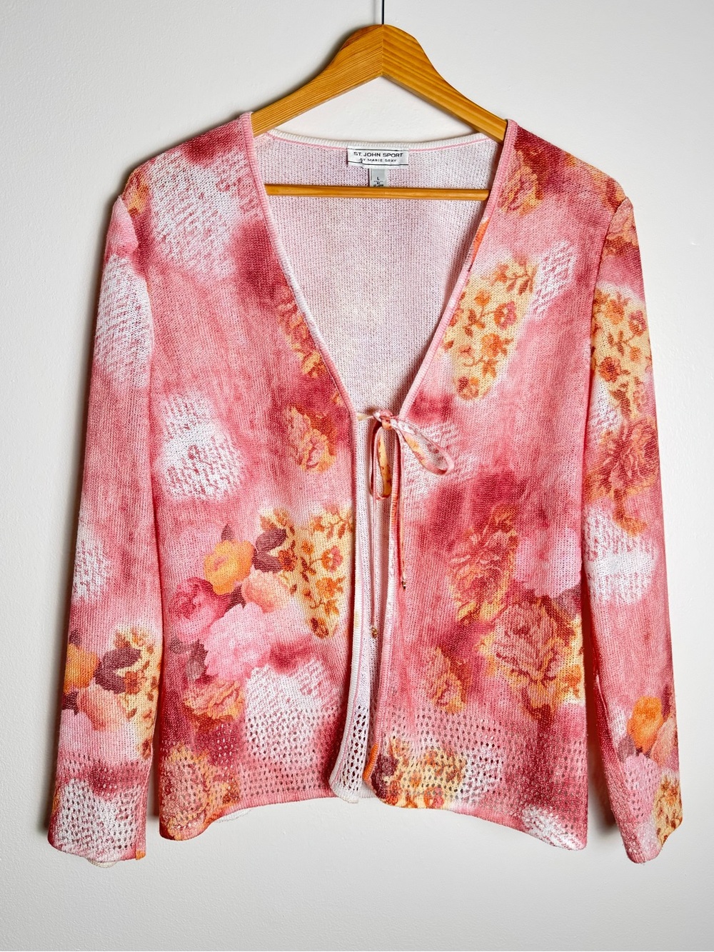 St John Sport Vintage Y2K Pink Floral Mesh Tie Front Cardigan Pointelle Top L